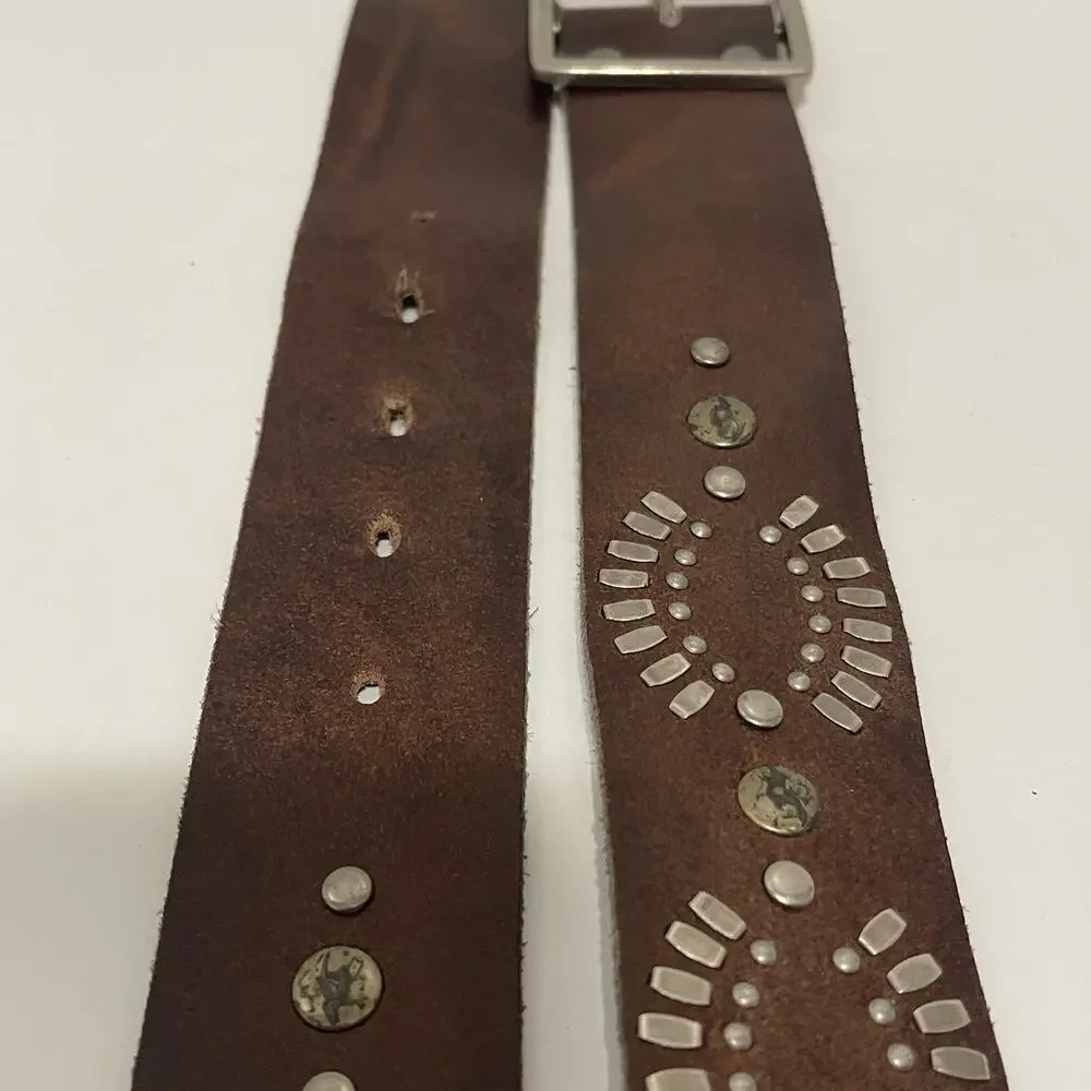 Hollister Belt Womens Large Genuine Leather Brown Silver Studded Boho Festival